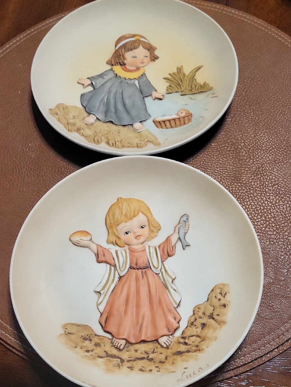 Vintage Decorative Plate Pair with Cherubic Children Artwork - Peach & Blue